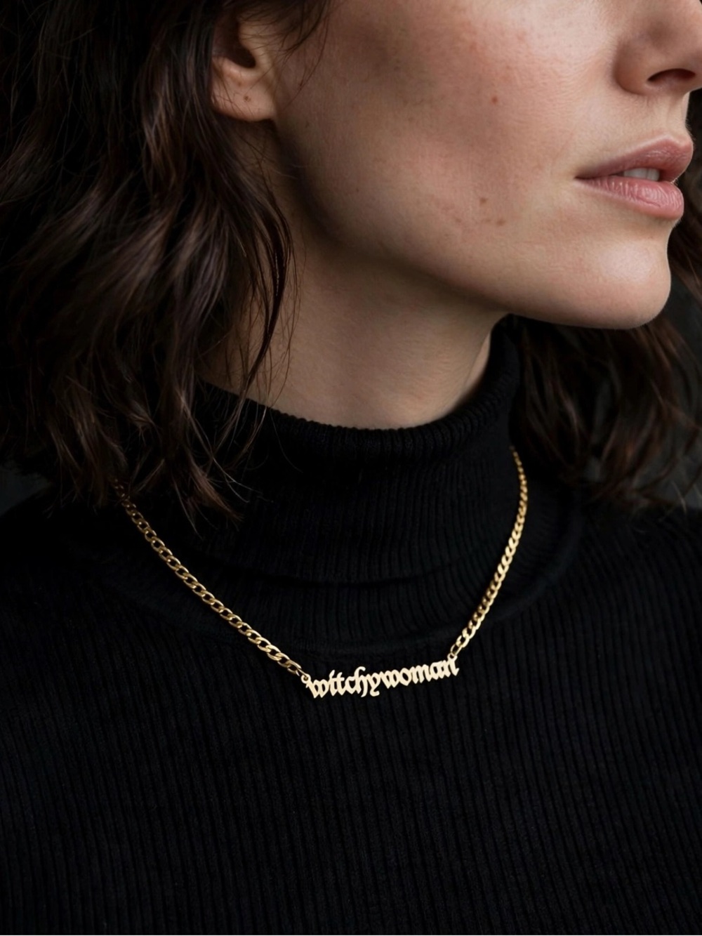 Gold Gothic Olde English Script 'Witchy Woman' Nameplate Necklace